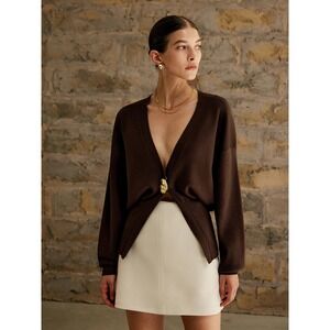 Commense Brown Cardigan with Gold Clasp Button Long Sleeve V Neck Sweater Top M